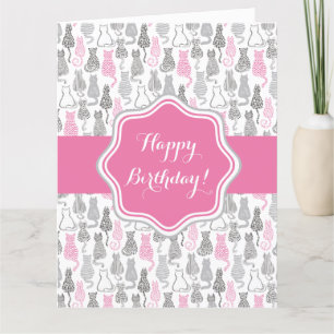 Whimiscal Pink and Grey Sketch Cat Gift Ideas Card