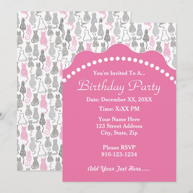 Whimiscal Pink and Grey Sketch Cat Gift Ideas Invitation (Front/Back)