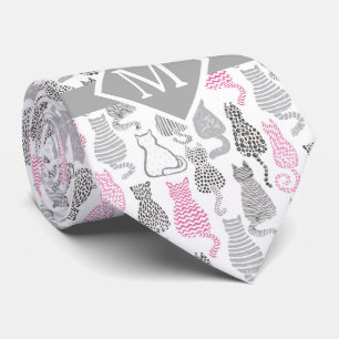 Whimiscal Pink and Grey Sketch Cat Gift Ideas Tie