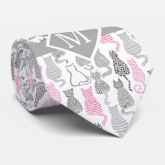 Whimiscal Pink and Grey Sketch Cat Gift Ideas Tie