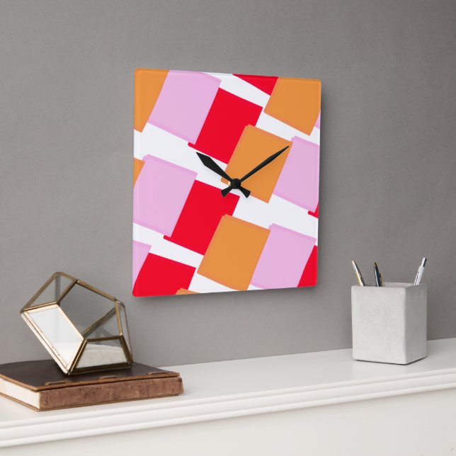 Whimiscal Squares Red Orange Pink  Square Wall Clock (Office)