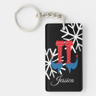 Whimisical Christmas Elf Feet Snowflakes Stocking Key Ring