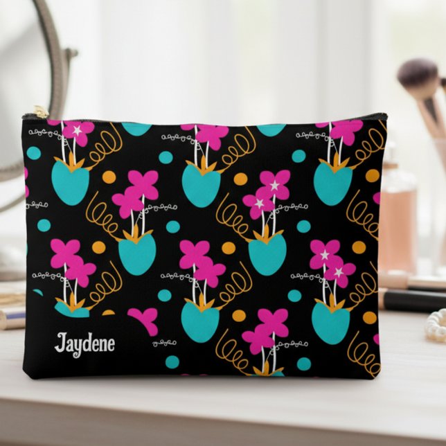 Whimisical Flower Pots In Bright Colours Accessory Pouch (Bright, bold, and super cute, this teal pink makes makeup or school stuff way more fun.)