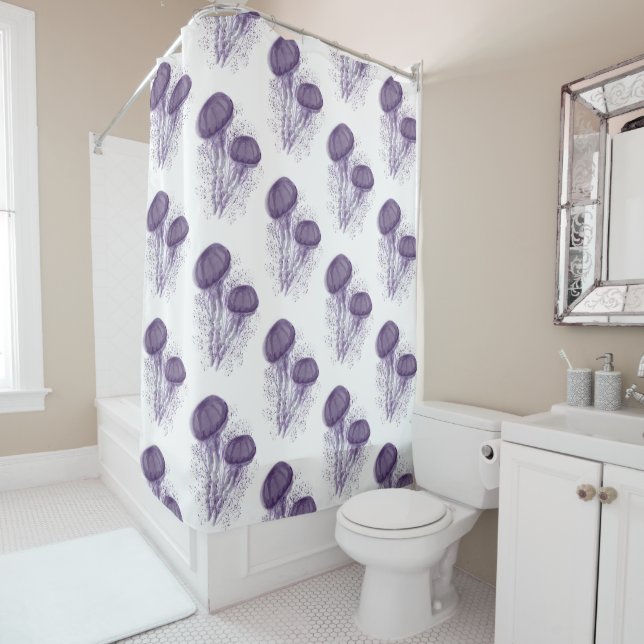Whimisical Watercolor Purple Jellyfish Splash Art Shower Curtain (In Situ)