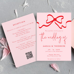 Whimsica Pink Red Bow QR Code Reception Wedding Invitation