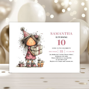 Whimsical 10th Birthday Invitation Girl Pink Card