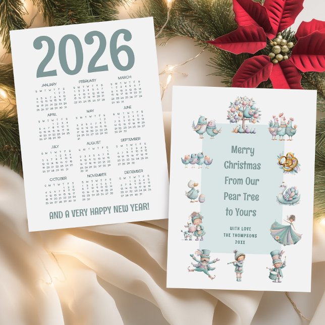 Whimsical 2026 Calendar 12 Days of Christmas  Holiday Card (Front and back view)