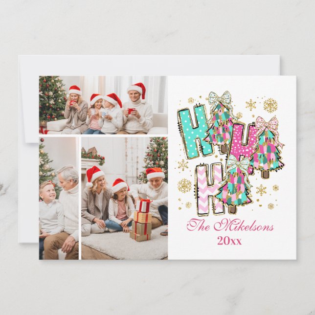 Whimsical 3 Photo  Ho Ho Ho Christmas Family  Holiday Card (Front)