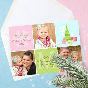 Whimsical 3 Photo Pink & Pastels Holiday Card