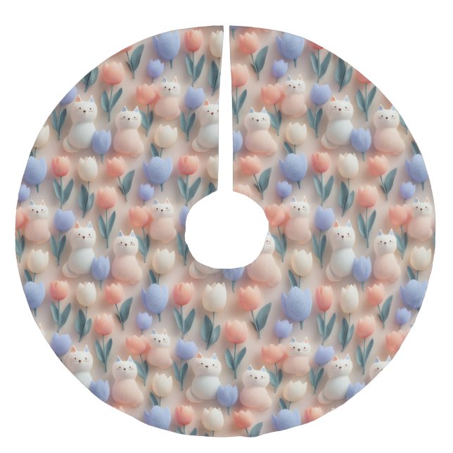 Whimsical 3D Cat and Tulip Seamless Pattern Brushed Polyester Tree Skirt (Front)