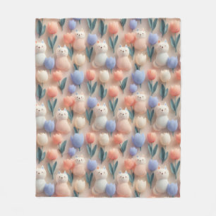 Whimsical 3D Cat and Tulip Seamless Pattern Fleece Blanket