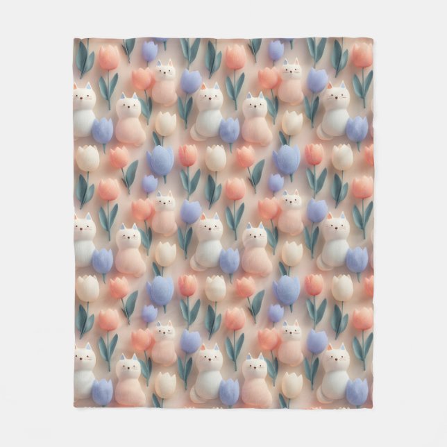 Whimsical 3D Cat and Tulip Seamless Pattern Fleece Blanket (Front)