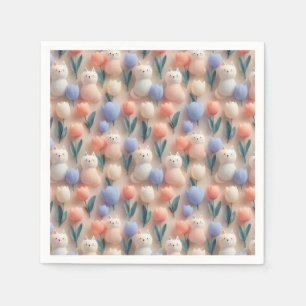 Whimsical 3D Cat and Tulip Seamless Pattern Napkin