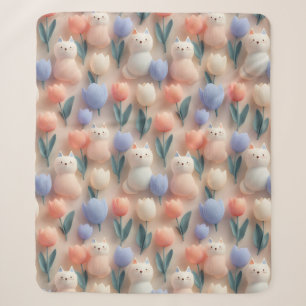 Whimsical 3D Cat and Tulip Seamless Pattern Sherpa Blanket