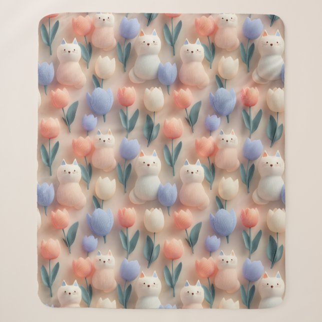 Whimsical 3D Cat and Tulip Seamless Pattern Sherpa Blanket (Front)