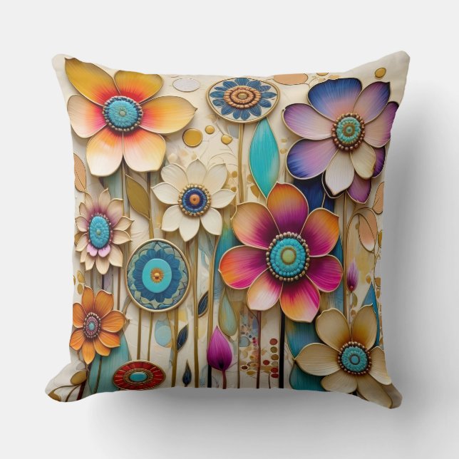 Whimsical 3D papercut flowers Cushion (Front)