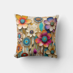 Whimsical 3D papercut flowers Cushion
