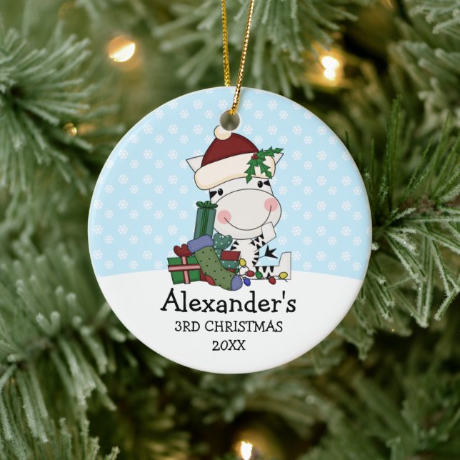 Whimsical 3rd Christmas Santa Zebra Personalised Ceramic Tree Decoration (Tree)