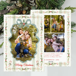 Whimsical 4 Photo Collage Merry Christmas Stripes Holiday Card