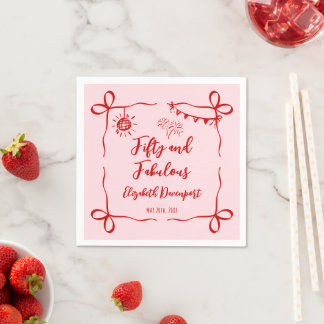 Whimsical 50 and Fabulous Doodle and Bow Birthday Napkin