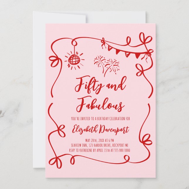 Whimsical 50 and Fabulous Doodle and Bow Photo Invitation (Front)