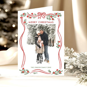 Whimsical 5 Photo Boho Red Christmas Bow Ribbon Holiday Card