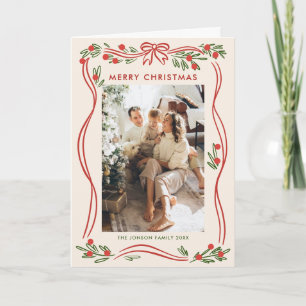 Whimsical 5 Photo Boho Red Christmas Bow Ribbon Holiday Card