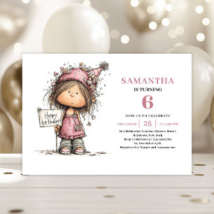 Whimsical 6th Birthday Invite Girl Pink Design