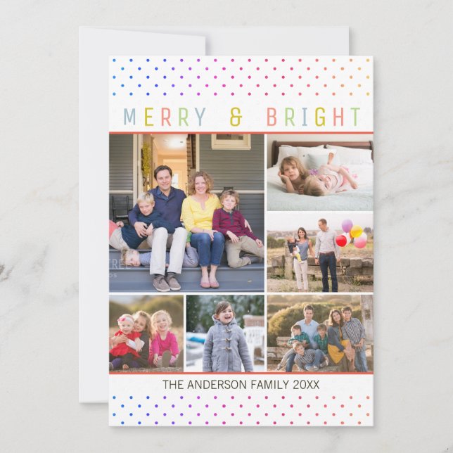 Whimsical 7 Photo Merry Bright Rainbow Polka Dots Holiday Card (Front)