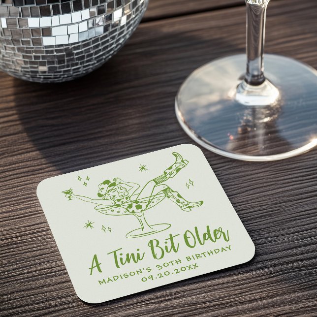 Whimsical A Tini Bit Older Green Birthday Party Square Paper Coaster (Creator Uploaded)