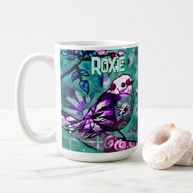 Whimsical Abstract Bird Floral Personalised Coffee Mug (With Donut)