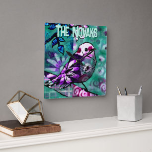 Whimsical Abstract Bird Floral Personalised Square Wall Clock