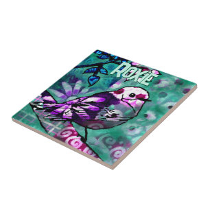 Whimsical Abstract Bird Floral Personalized Tile