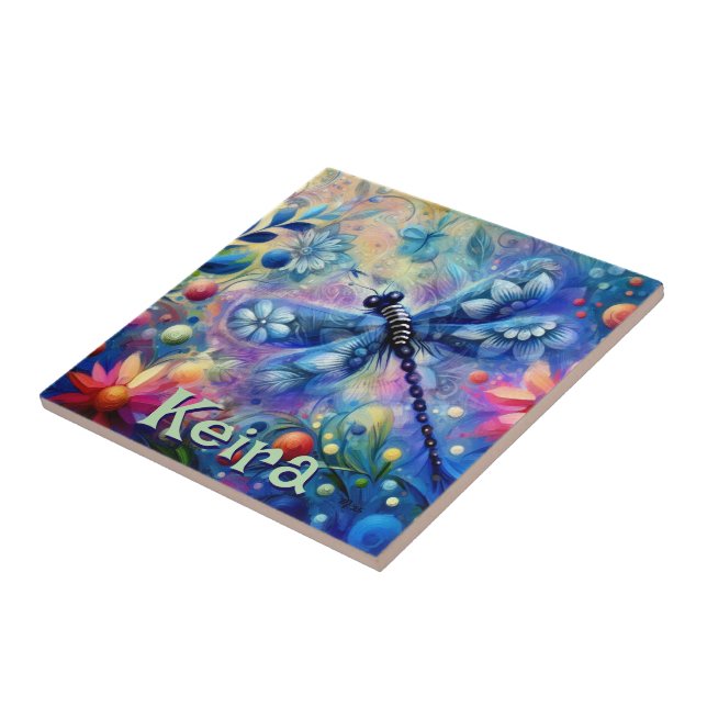 Whimsical Abstract Dragonfly Floral Personalised Tile (Side)