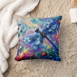 Whimsical Abstract Dragonfly Floral Teal Blue Pink Cushion