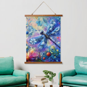 Whimsical Abstract Dragonfly Floral Teal Blue Pink Hanging Tapestry