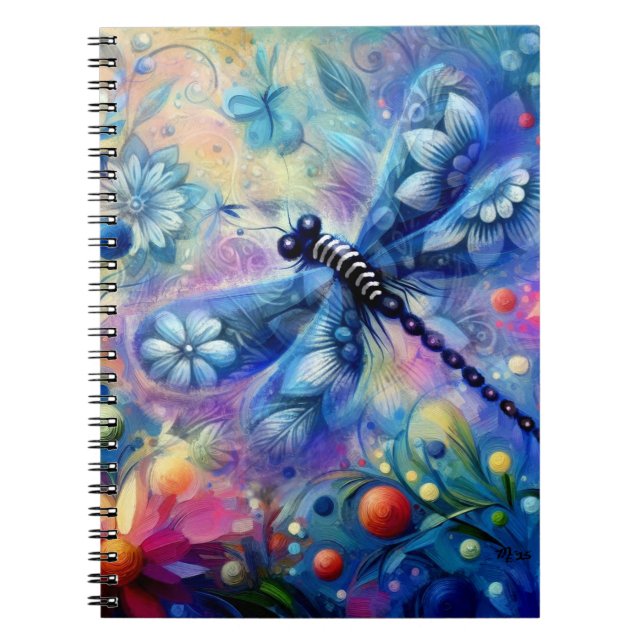Whimsical Abstract Dragonfly Floral Teal Blue Pink Notebook (Front)