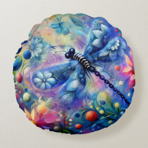 Whimsical Abstract Dragonfly Floral Teal Blue Pink Round Cushion