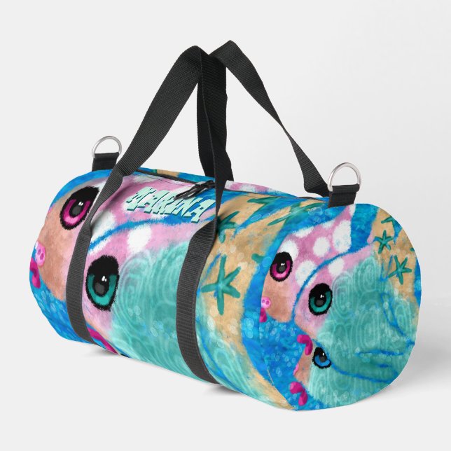 Whimsical Abstract Fish Trio Blue Personalised Duffle Bag (Left Corner)