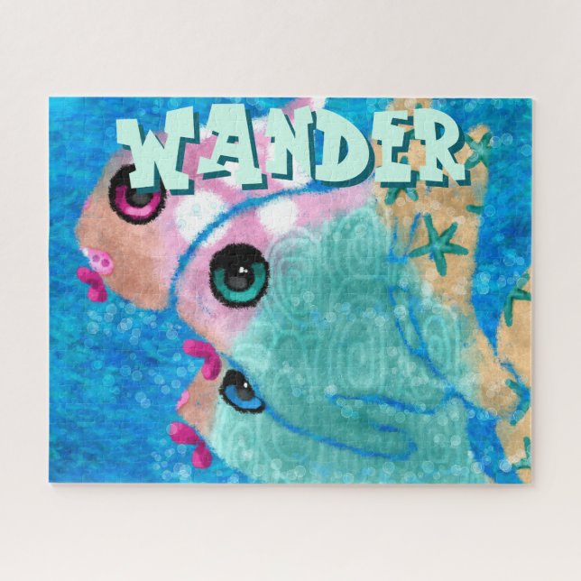 Whimsical Abstract Fish Trio Blue Personalised Jigsaw Puzzle (Horizontal)
