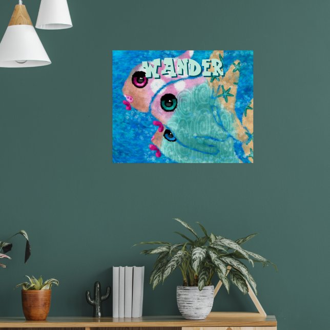Whimsical Abstract Fish Trio Blue Personalised Poster (Living Room 1)