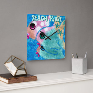Whimsical Abstract Fish Trio Blue Personalised Square Wall Clock