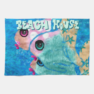 Whimsical Abstract Fish Trio Blue Personalised Tea Towel