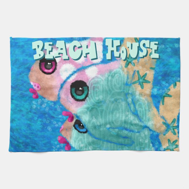 Whimsical Abstract Fish Trio Blue Personalised Tea Towel (Horizontal)
