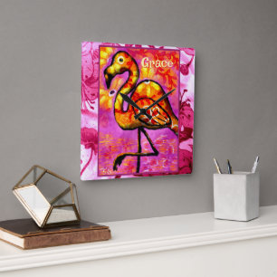 Whimsical Abstract Flamingo Bird Personalised Square Wall Clock
