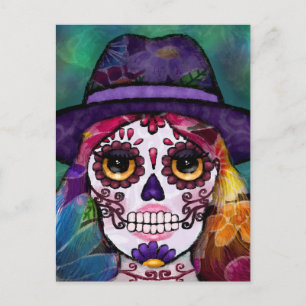 Whimsical Abstract Floral Hippie Sugar Skull Postcard