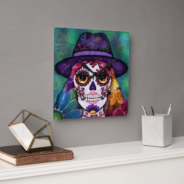 Whimsical Abstract Floral Hippie Sugar Skull Square Wall Clock (Office)