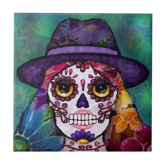 Whimsical Abstract Floral Hippie Sugar Skull Tile (Front)