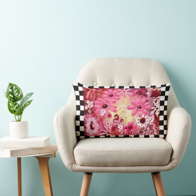 Whimsical Abstract Floral Painting Art Pink Red Lumbar Cushion (Chair)