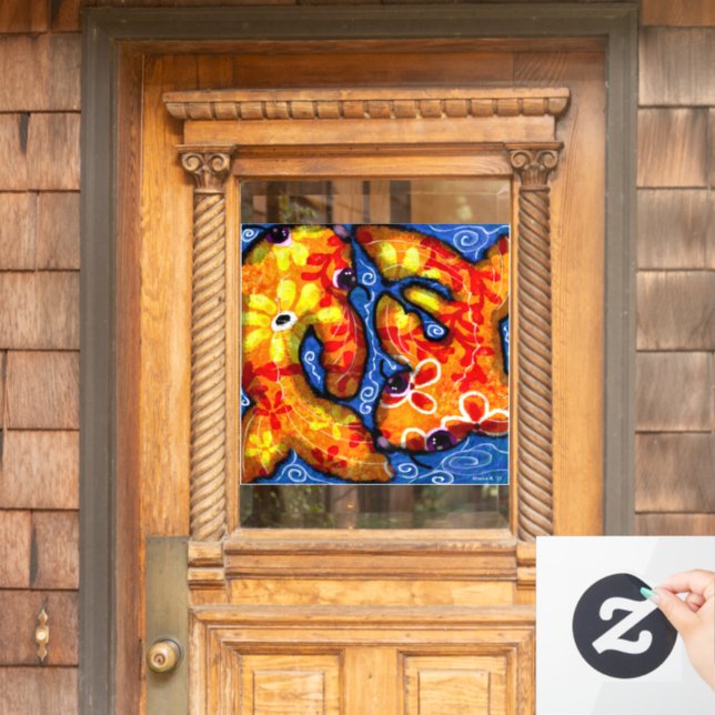 Whimsical Abstract Koi Goldfish Orange Blue Floral (Home Door)